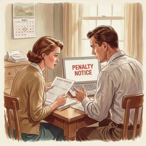 A stressed small business owner couple sits at a table reviewing an S corporation or partnership tax return after receiving an IRS penalty notice, illustrating the financial and emotional impact of filing business tax returns late.