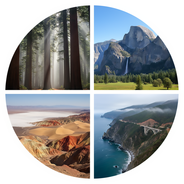 California&rsquo;s breathtaking natural wonders &mdash; Yosemite&rsquo;s towering cliffs, Big Sur&rsquo;s dramatic coastline, Death Valley&rsquo;s surreal desert, ancient redwood forests, and Lake Tahoe&rsquo;s pristine alpine beauty.