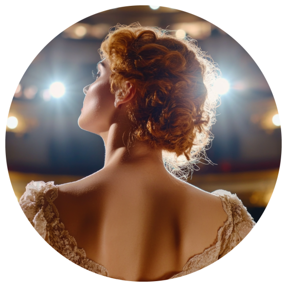 A confident female actor stands poised on stage, bathed in a warm golden glow.