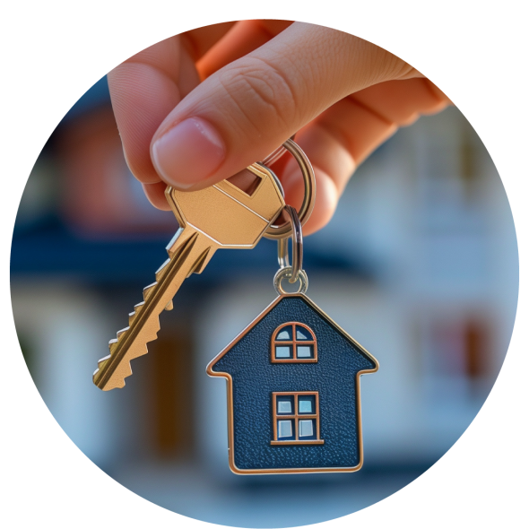 A hand is holding a golden key attached to a keyring with a small house-shaped pendant, and in the background is a well-maintained, two-story home.